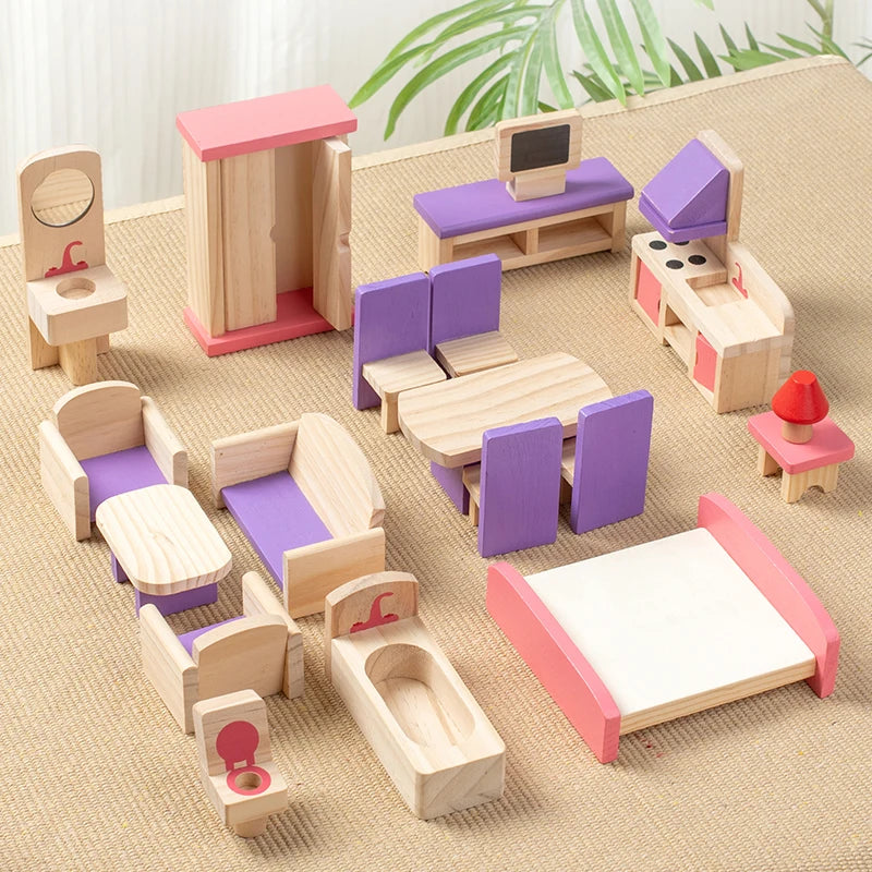 Wooden pretend play toys, children's small furniture mini room, educational early childhood scene model, holiday gift