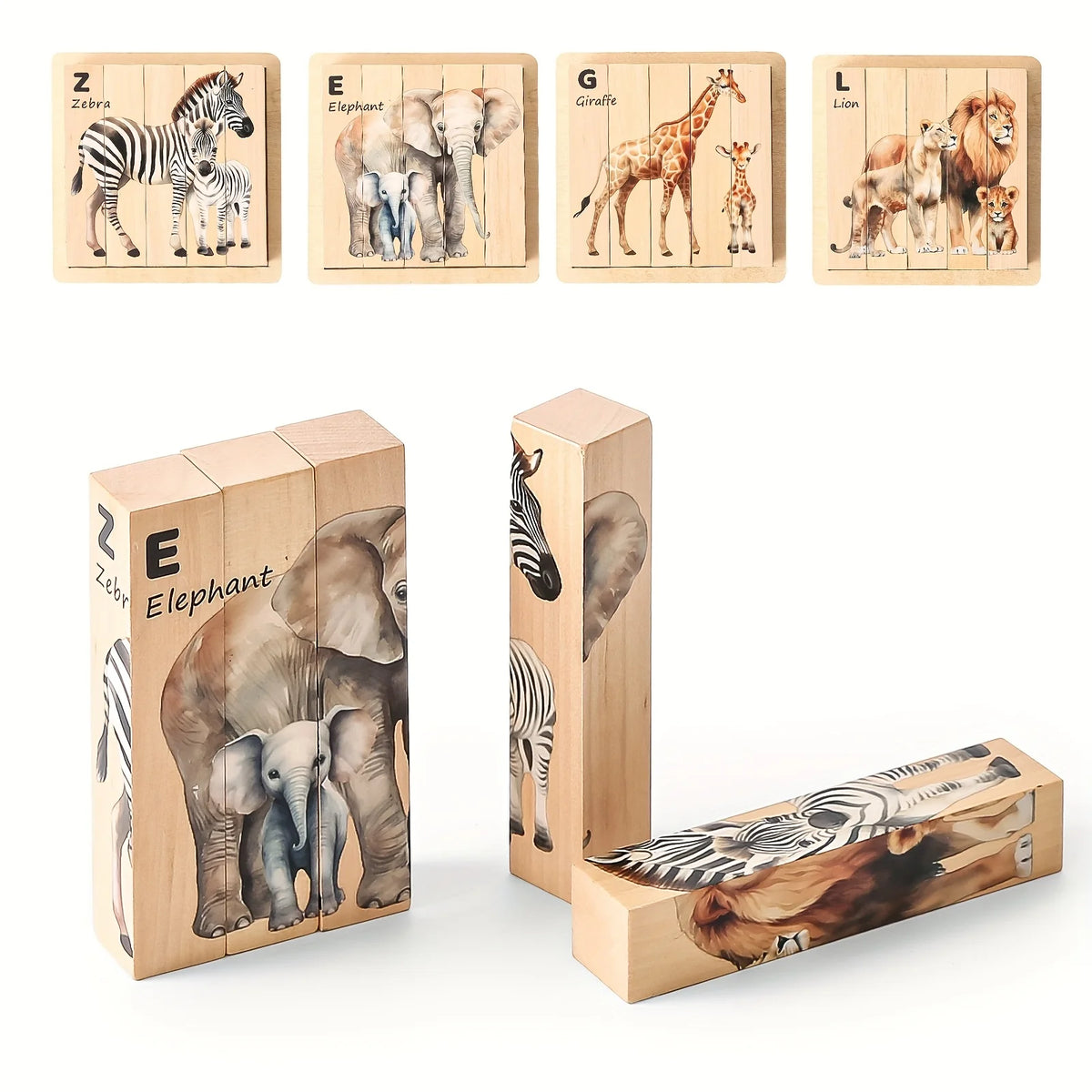 4 in 1 Wooden Animal Puzzles for Toddler Solid Wood Puzzle Blocks Montessori Toys Learning Educational Chunky Puzzle for Kids